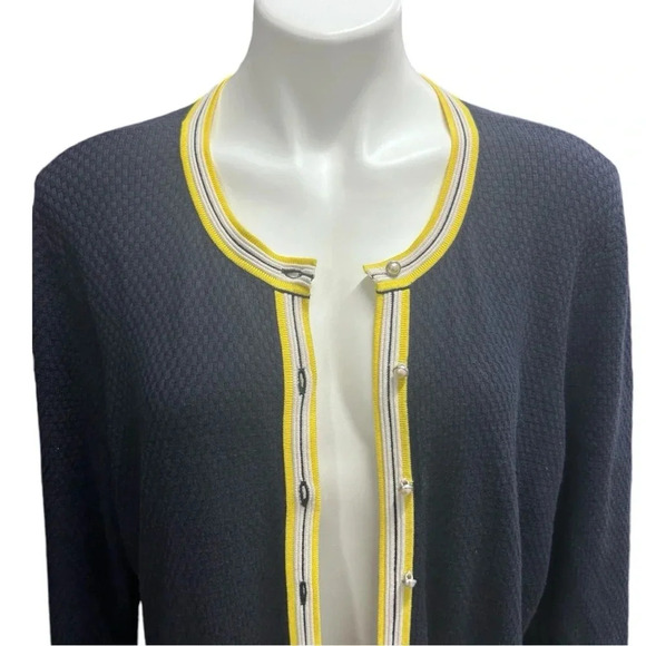 Talbots Navy & Yellow Textured Tipped Cardigan Sweater with Faux Pearl Buttons - Picture 3 of 8